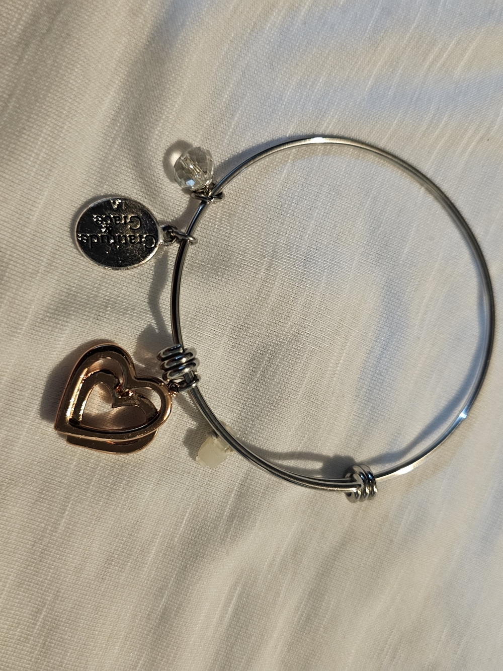 Two-Tone Heart Charm Bangle Bracelet - Silver Band with Rose Gold Heart
